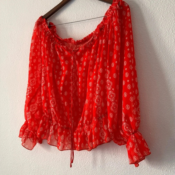 Off The Shoulder Long Sleeve Casual Summer Printed Tunic Shirt Blouse Top Red XL - Picture 4 of 11